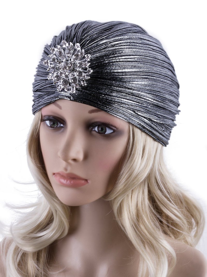 Vijiv Women's Vintage Lurex Knit Turban Beanie Hats Headwraps for 1920s Cocktail Party Silver Grey - Image 2
